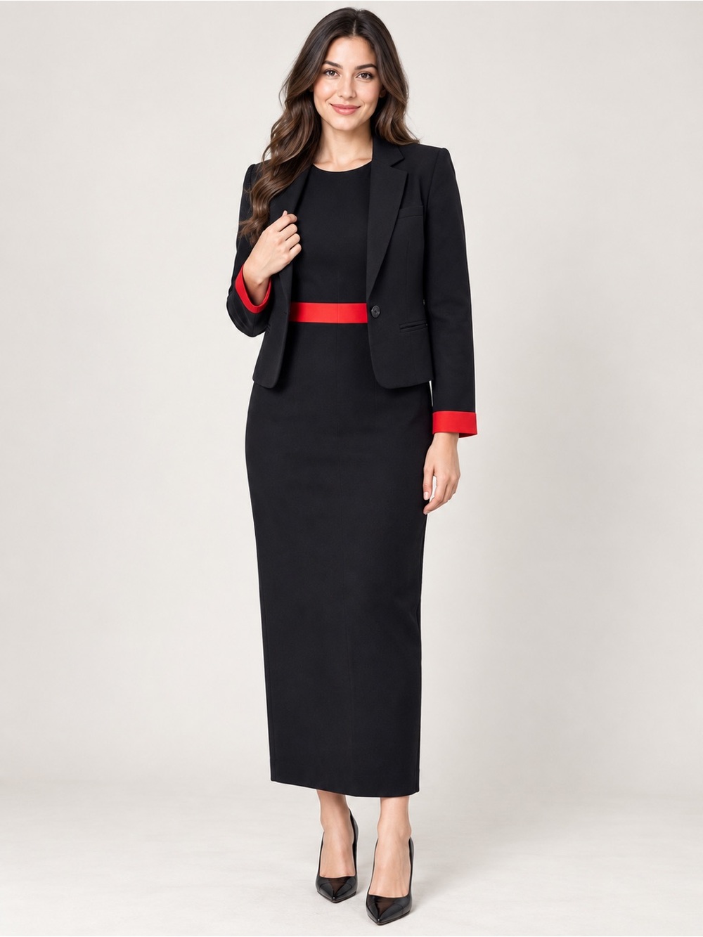 Sleeveless Black Sheath Dress with Red Waist Accent